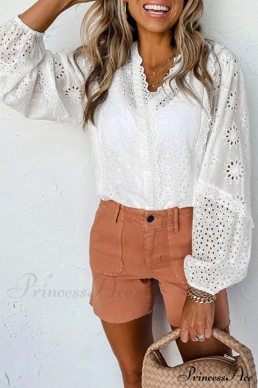 V-Neck Openwork Long Sleeve Blouse White blouse clothes long sleeve Ship From Overseas SYNZ top trend