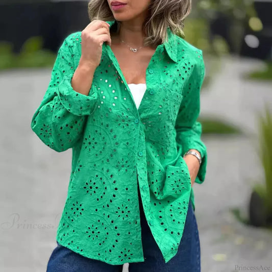 Oversize Loose Floral Embroidery Lace Boho Blouse Green / S bohoblouse-250126