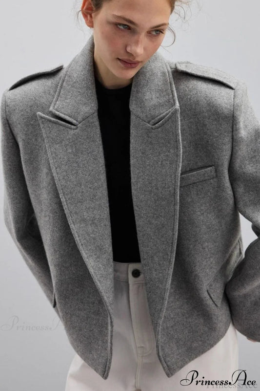 Oversized Notch Lapel Epaulette Woolen Blazer Grey / S