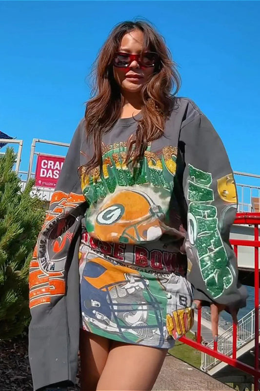 Oversized Sequin Print Retro Slouchy Long Sleeve Tee Grey / S