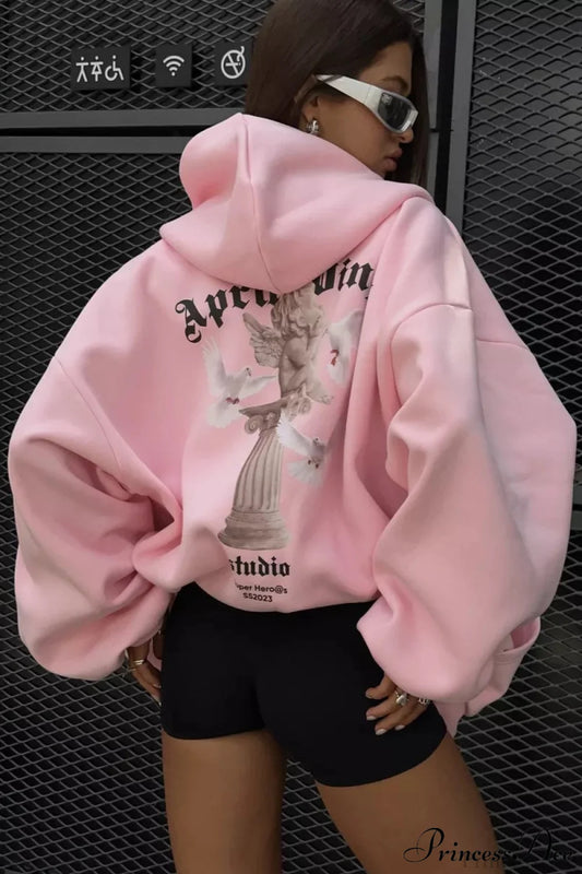 Oversized Street Casual Angel Print Zip-Up Hoodie Pink / S