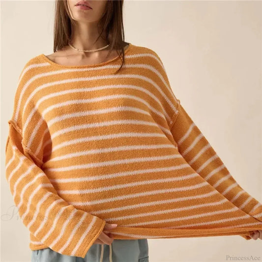 Oversized Striped V-Neck Color Block Knit Sweater Knit Top ORANGE1 / S knittop-250126