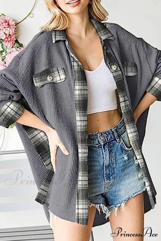 Patchwork Plaid Blouse With Irregular Hem Grey / S Blouses