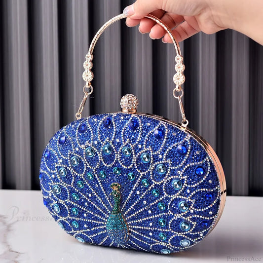 Peacock Pattern Diamond Evening Rhinestone Shoulder Clutch Bag Blue clutchbag-250126