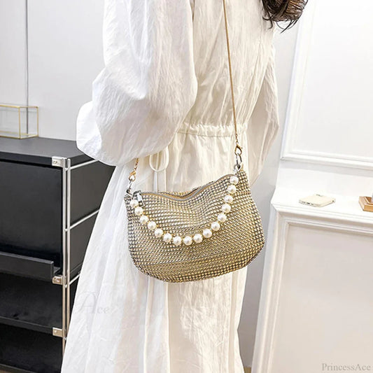 Pearl Rhinestone Delicate Shoulder Bag Party Handbag Gold handbag-250126