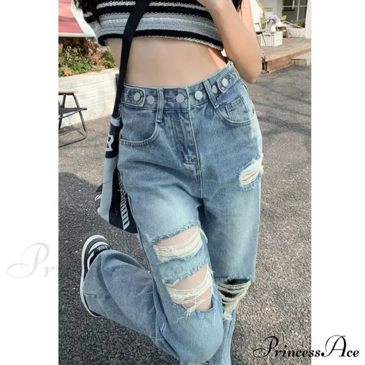 Perforated Jean Pear-Shaped Figure High Waist Straight Tube Loose Fitting Wide Leg Pants Small