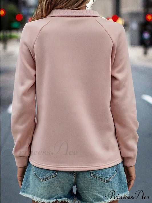 Pink Casual V Quarter Pullover Long Zip Women’s Arm Sweatshirt Neck Top