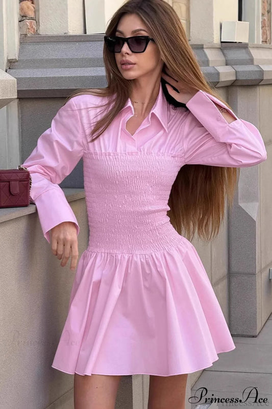 Pink Collared Shirt High Waist Mini Dress Pink / S