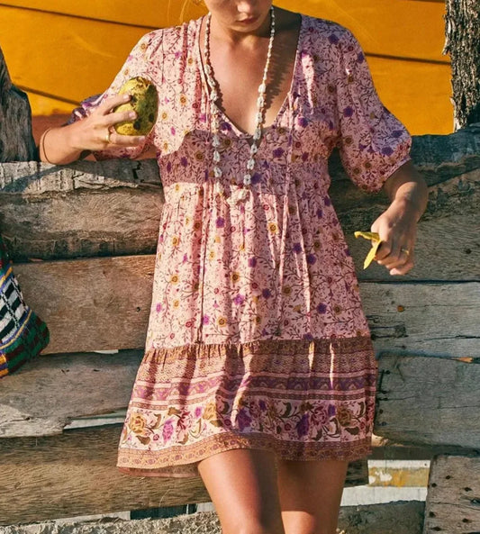 Pink Floral Print Robe A-line Mini Dress Women Beach Boho Summer Dress bohodress-250126
