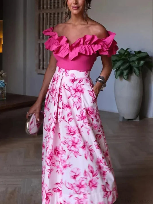 Pink Floral Printed Casual Pleated Skirt High Waist Zip skirt-250126