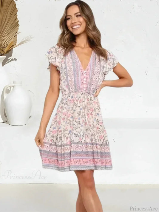 Pink Floral Short Sleeve Loose V-neck Mini Boho Dress Pink / S bohodress-250126