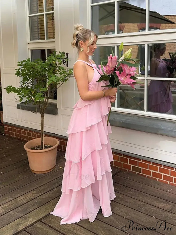 open lace back dress Pink Pleated Stylish Halter Maxi Dress – PrincessAce