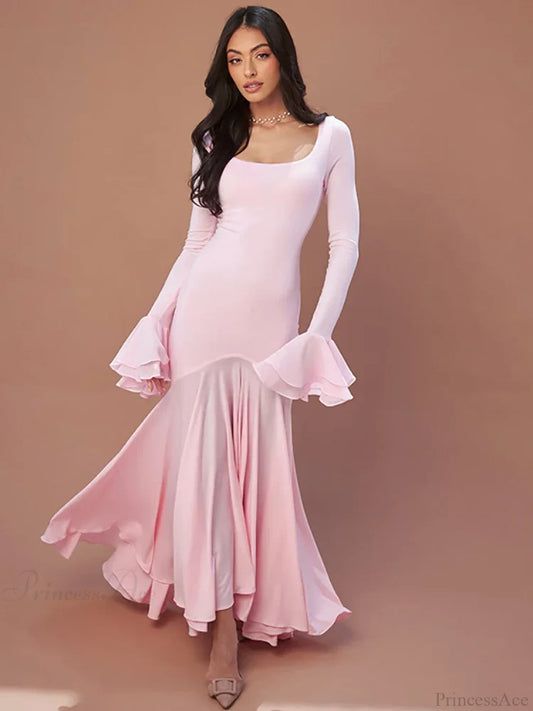 Pink Square Collar Maxi Vacation Dress Pink / S vacationdress-250223