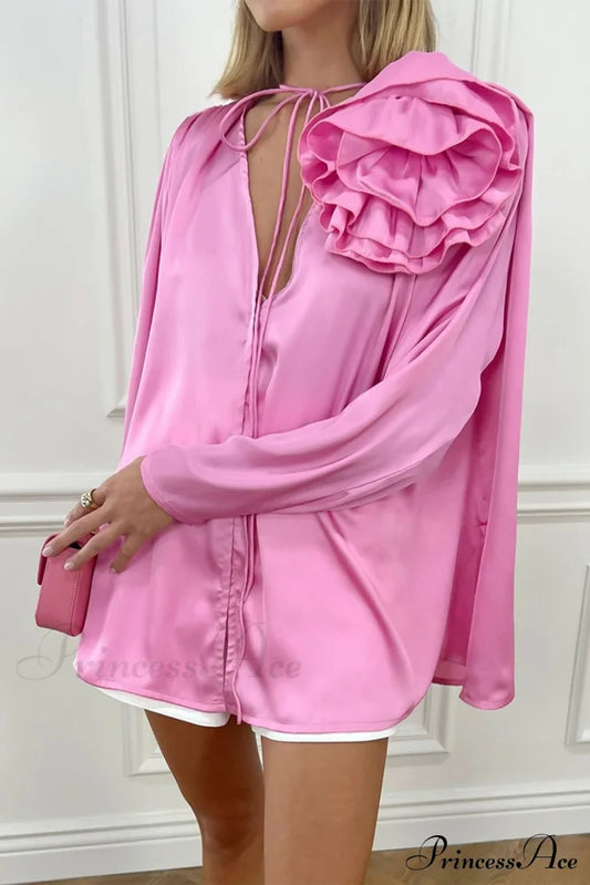 Pink V Neck Floral Lace-Up Blouse With Ruched Detail / M Blouses