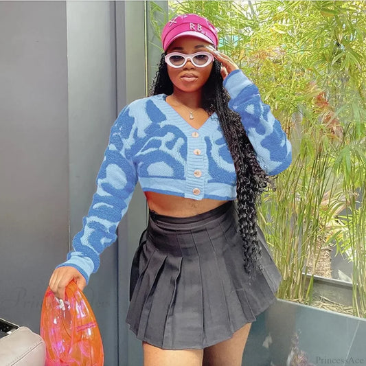 Pink Y2K Streetwear Knit Cardigan Sky Blue / S