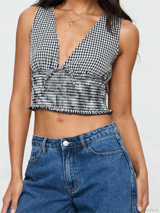 Plaid Bow Ruffle Hem Deep V-neck Crop Top BLACK / S croptop-250126