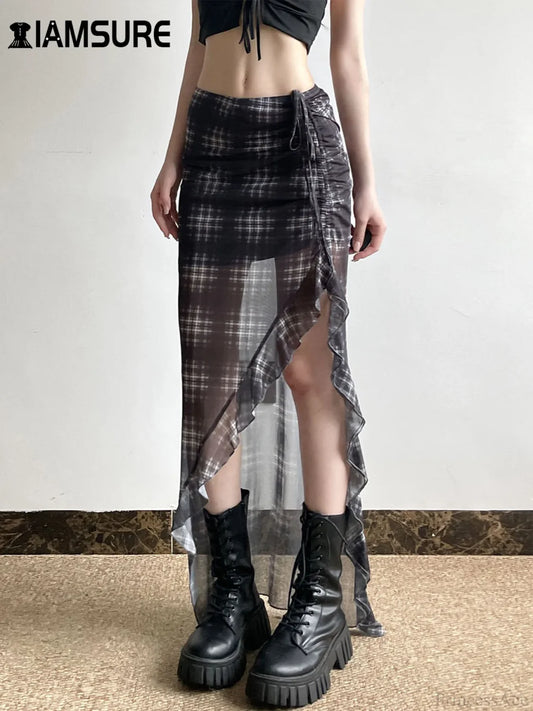 Plaid Drawstring See Through Skirt Black / S