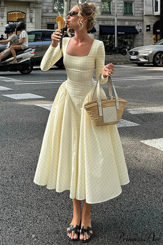 Plaid Flare Sleeve Waist Fitted Square Neck Maxi Dress Yellow / S