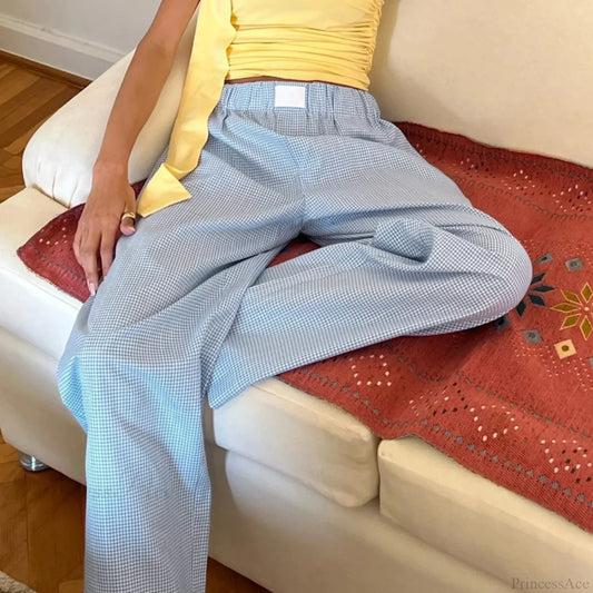 Plaid High Waist Straight Wide Leg Pajama Pant Blue / S pant-250223