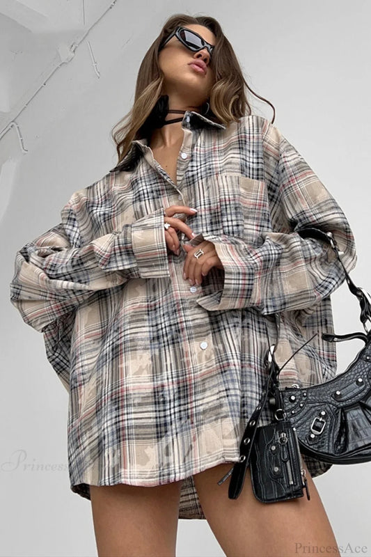 Plaid Long Sleeve Loose Casual Blouse