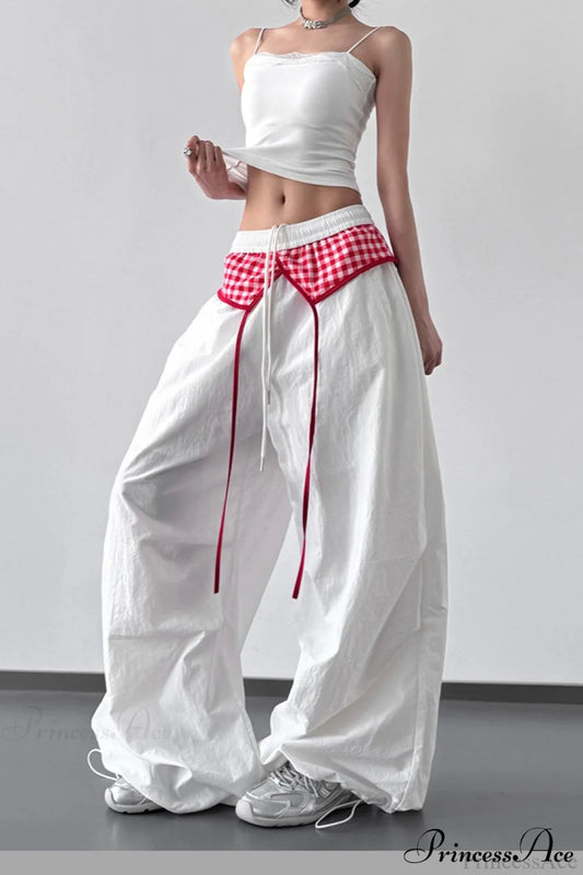 Plaid Pleated Layering Parachute Pants White / S