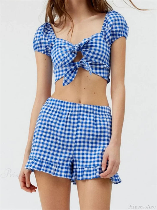 Plaid Print Knotted Short Sleeve T-shirt Crop Top with Elastic Waist Shorts Set twopiecesset-250126