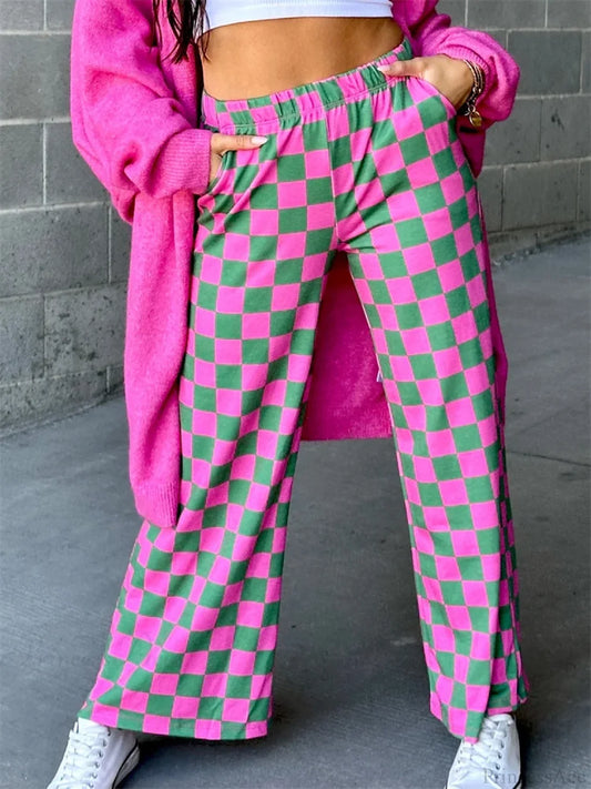 Plaid Print Wide Leg Elastic Waist Casual Pant DARKPINK / S pant-250223
