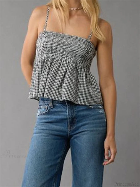 Plaid Ruffle Hem Square Neck Spaghetti Crop Top BLACK / S croptop-250126