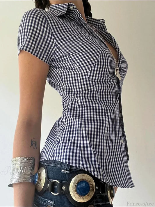 Plaid Slim Buttoned Up Blouse Blue / S blouse-250223