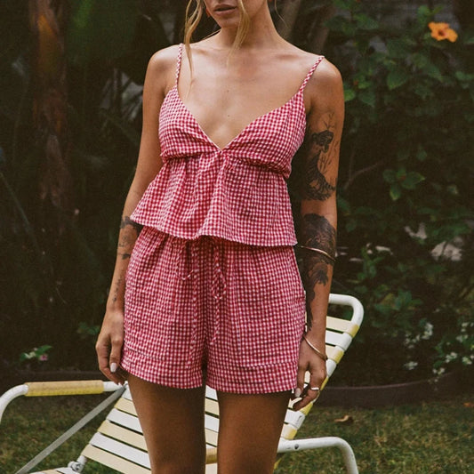Plaid V Neck Backless Tie-Up Camis Elastic Waist Shorts Two Pieces Set twopiecesset-250126