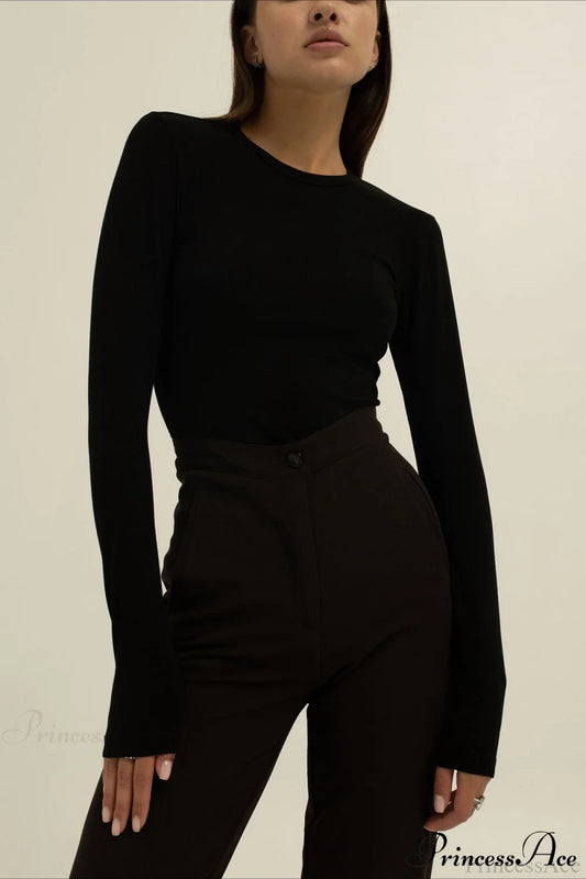 Plain Classic Solid Crew Slim Slim Crew Neck Long Sleeve Tee Black / S