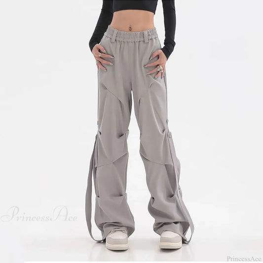Pleated Cargo Streetwear Wide Pants GRAY / S
