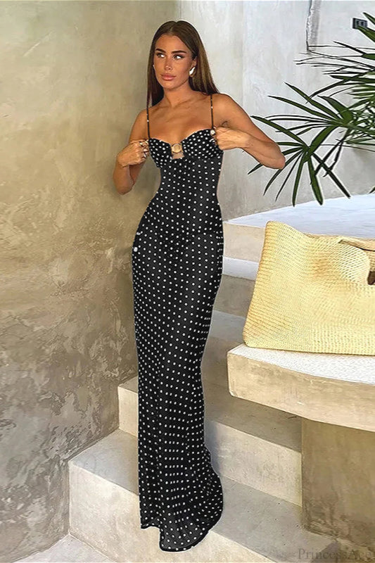 Polka Dot Cami Cutout Slim Maxi Dress Black / S