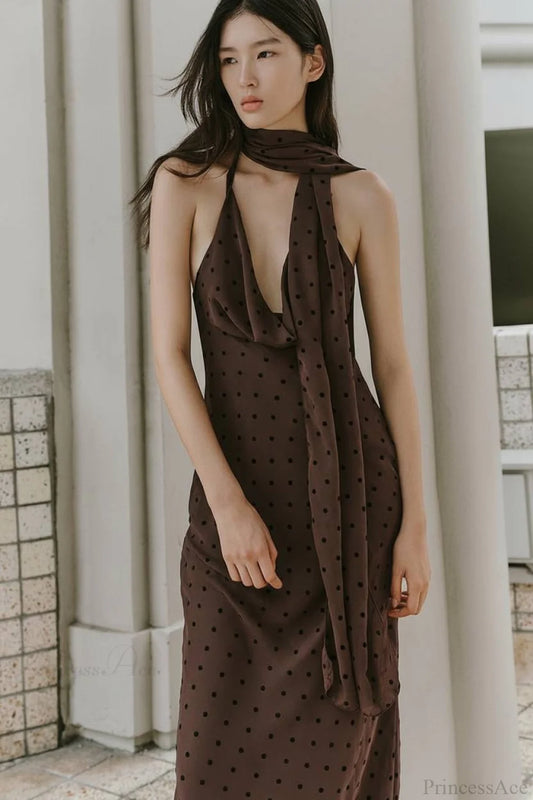 Polka Dot Scarf Neck Halter Maxi Dress Brown / S