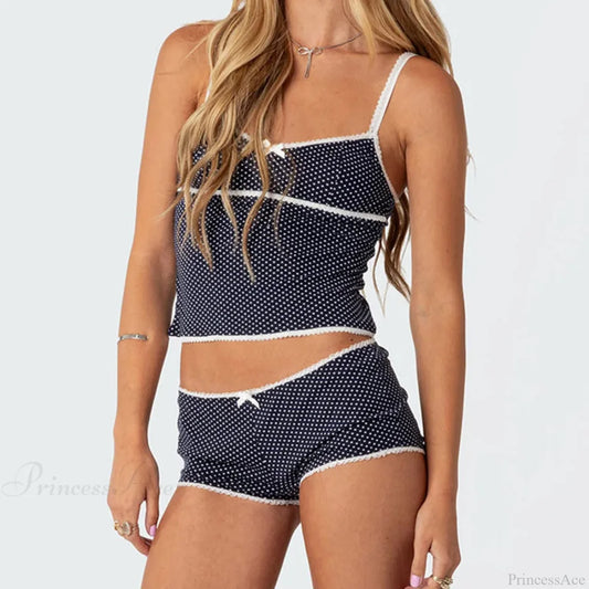 Polka Dot Vintage Crop Tops Micro Shorts Two Pieces Set twopiecesset-250126