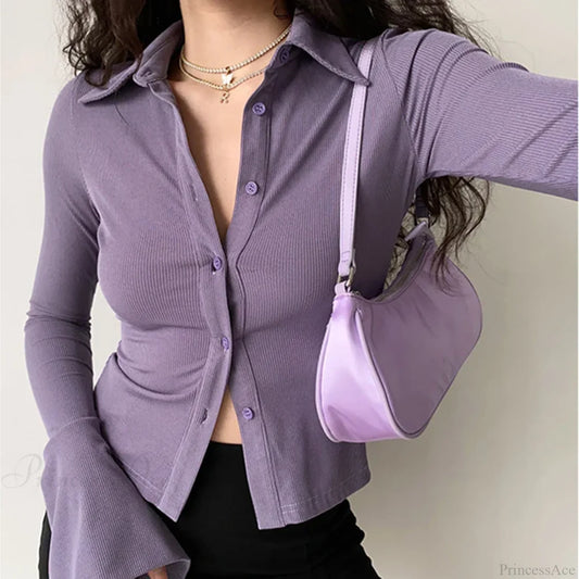 Polo Lapel Flared Sleeve Blouse blouse-250223