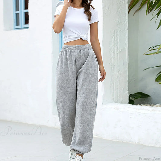Polyester High Waist Leisure Pants Grey / S