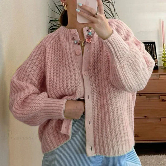Preppy Button Up Vintage Y2K Cardigan Pink / S