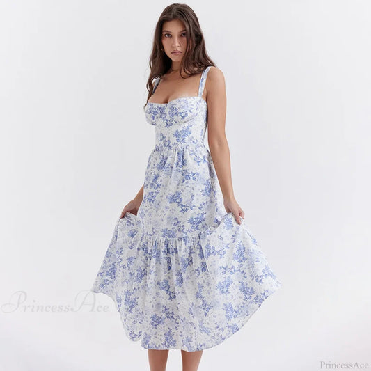 Print Bodycon A-line Vacation Dress Blue / S vacationdress-250223