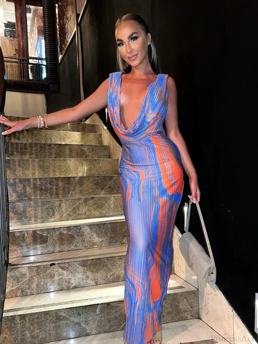 Print Deep V Neck Maxi Vacation Dress Blue / S vacationdress-250223