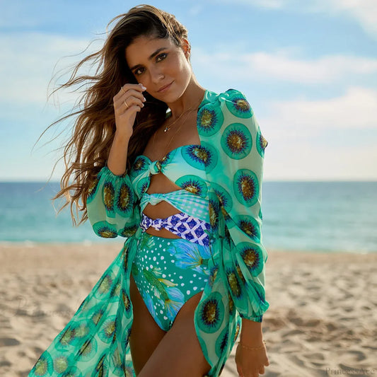 Print One-Piece Swimsuit Cover Up green1 / S