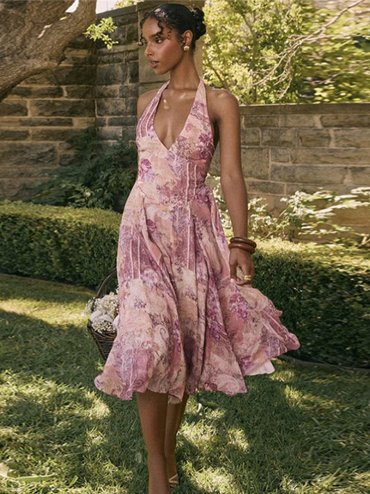 Print Pleated A-line Vacation Dress Pink / S vacationdress-250223