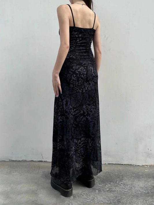 Printed Decorative Trim Mesh Full-Length Dress