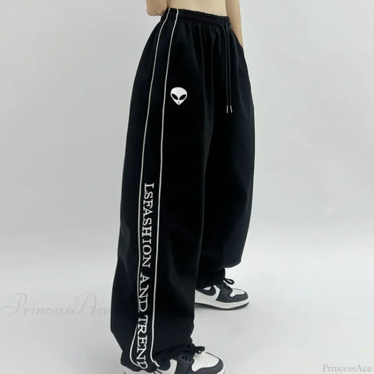 Printed Drawstring Sports Casual Pants Black / S