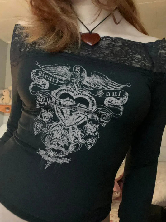 Printed Lace Trim Vintage Dark Slim Slash Neck Long Sleeve Knit Top Black / S knittop-250126