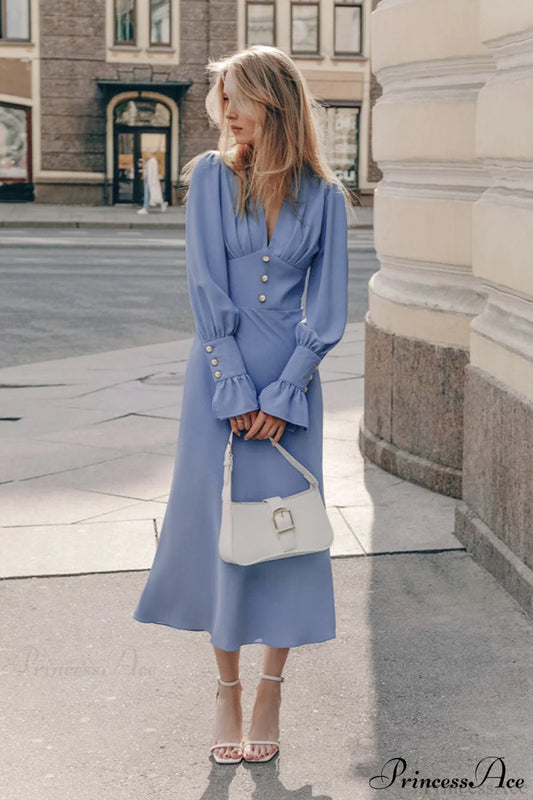 Puff Sleeve V Neck Vintage Slim Maxi Dress Blue / S