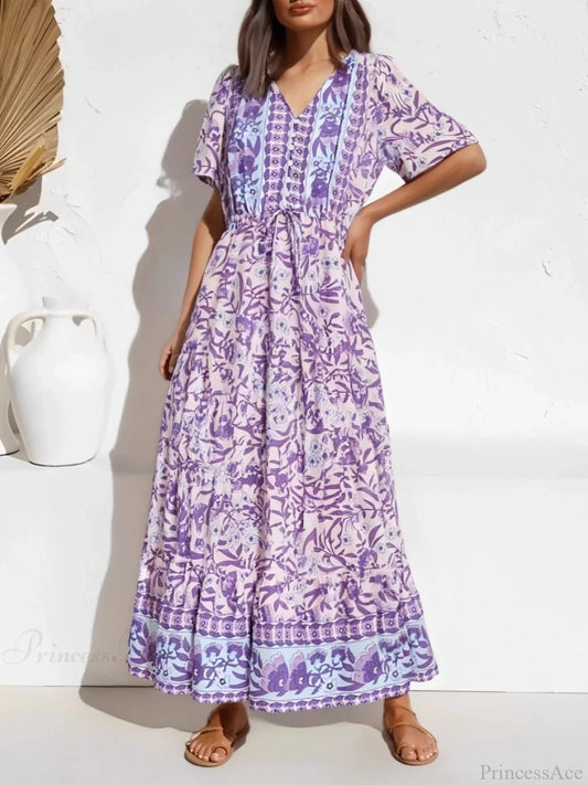 Purple Floral Print Button V-neck Pleated Rayon Maxi Boho Dress PURPLE / S bohodress-250126
