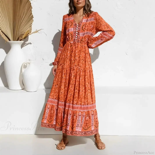 Purple Floral Print Lantern Sleeve V-neck Rayon Maxi Boho Dress Orange / S bohodress-250126