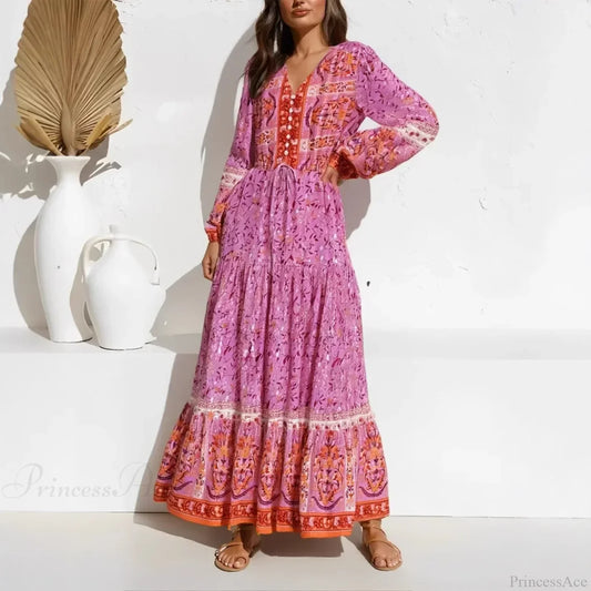 Purple Floral Print Lantern Sleeve V-neck Rayon Maxi Boho Dress Purple / S bohodress-250126