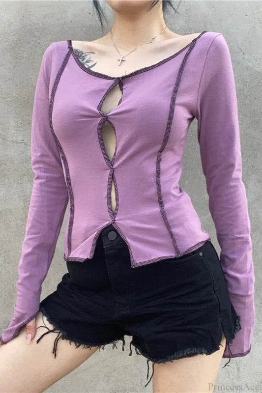 Purple Sexy Color Block Cutout Crew Neck Long Sleeve Tee Purple / S